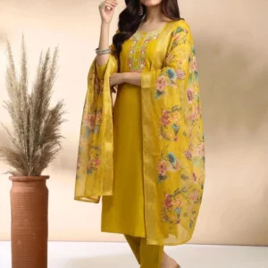Women Mustard Printed Kurta Set with Dupatta