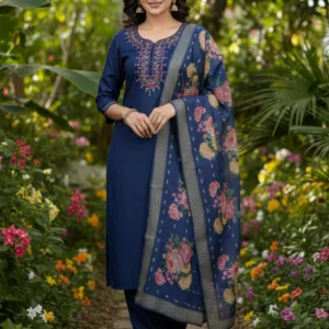 Women Navy Floral Kurta Set with Dupatta