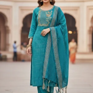 Women Teal Embroidered Kurti & Trouser Set