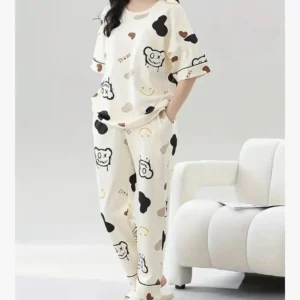 Women Printed Night Suit - Cream