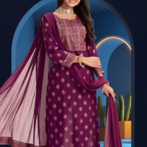 Women Wine Printed Kurta Set with Dupatta