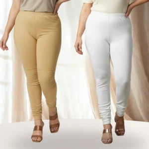 Women Stretchable Leggings - Beige & White (Combo of 2)