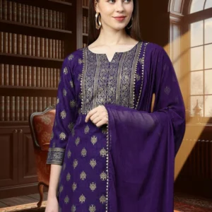 Women Purple Printed Kurta Set with Dupatta